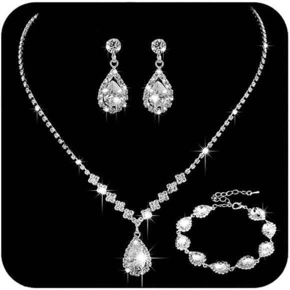 Bridal Crystal-Rhinestone Necklace Earrings Set Bridal Wedding Prom Jewelry Set - Picture 1 of 7